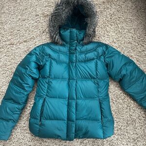 Columbia Teal Puffer Jacket with Faux Fur Trim